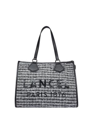 Cabas zippé L Tote par Lancel en tweed et tartan noir