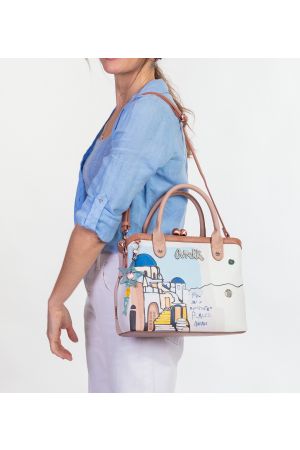 Sac à main face avec illustration Méditerranée, poignées hautes dessus, fermeture à clip, bandoulière, porte-clés coquillage 
