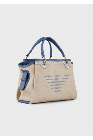 sac à main Armani logo Aigle en lin et similicuir bleu ciel