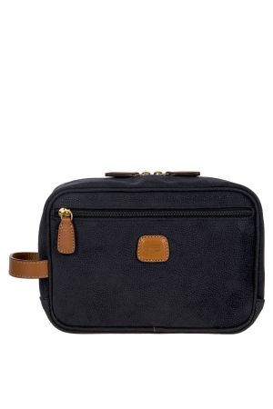 Trousse de toilette carré arrondi navy et cuir camel BRIC'S