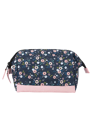 Trousse de toilette navy avec fleurs rose et bleu ciel, fond rose