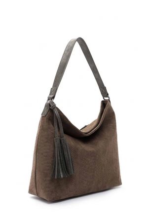 Sac cabas vert olive, effet daim dessins crocos, pompons, emily & noah