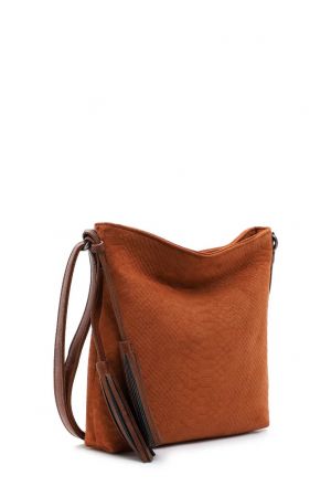 Sac bandoulière femme effet daim, couleur cognac, pompons