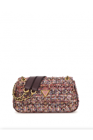 sac bandoulière à rabat Guess Giully en tweed rose