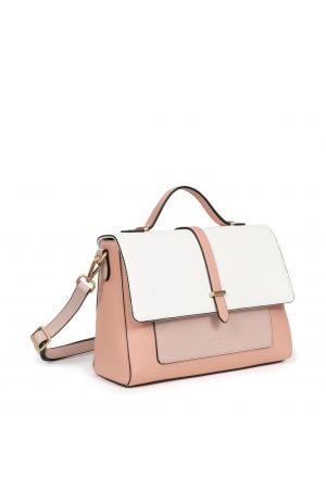 Sac porté main rabat blanc et détails rose, collection DAHLIA HEXAGONA
