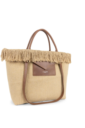 sac cabas façon panier à franges Lancaster Actual Conscious en coton et cuir beige