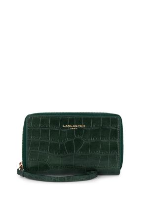 portefeuille zippé Lancaster Exotic Croco en cuir grainé effet reptile vert forêt