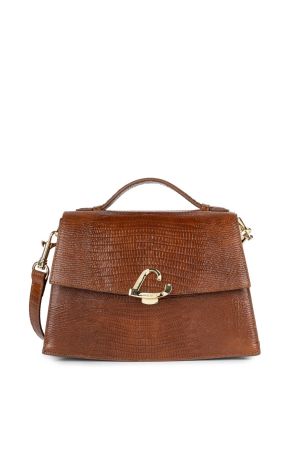 sac trotteur bandoulière à rabat Lancaster Exotic Philia en cuir grainé effet lézard camel