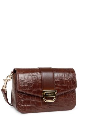 petit sac trotteur à rabat Lancaster Exotic Valor en cuir grainé effet croco marron