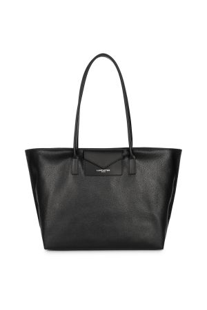 Grand sac cabas épaule MAYA vinyle + cuir unicolor noir face avec logo LANCASTER sur la pochette avant 