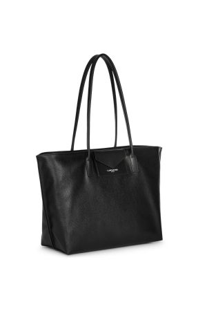 Grand sac cabas épaule MAYA vinyle + cuir unicolor noir face avec logo LANCASTER sur la pochette avant 