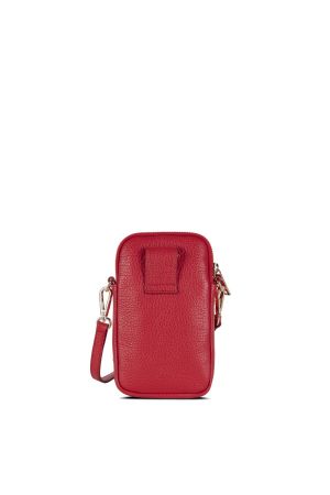 pochette téléphone en cuir arrondie sur les bords, rouge avec bandoulière amovible sur les bords