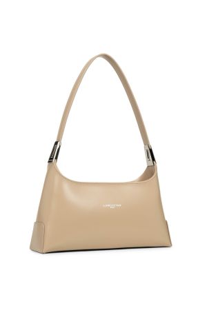 Sac baguette beige en cuir de vachette lisse face avant avec logo LANCASTER