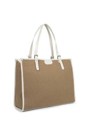 Sac cabas en coton beige foncé et bords en cuir blanc, large anse blanche sur le haut, logo LANCASTER visible à l'avant 