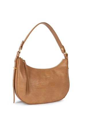 Sac Hobo LÉZARD & CROCO camel vue face avec languette cuir en guise de fermoir zippé