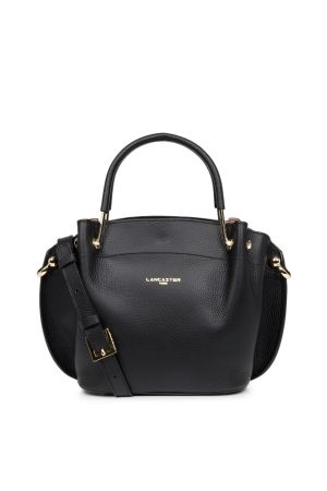 Sac à main noir en cuir souple avec cuir ondulé, deux grandes anses métalliques sur le dessus