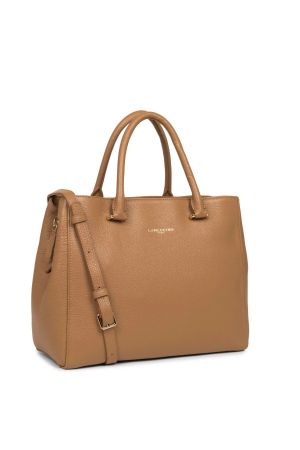 sac à main cabas Lancaster Dune en cuir grainé camel avec bandoulière