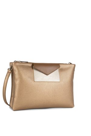 sac pochette à bandoulière Lancaster Maya en synthétique et cuir lisse camel cuivre brillant