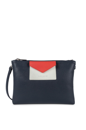 Sac Pochette double Maya vinyle + cuir -navy avec pochette rabat sur l'avant gris rouge
