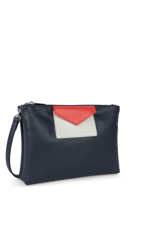 Sac Pochette double Maya vinyle + cuir -navy avec pochette rabat sur l'avant gris rouge