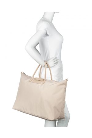 Polochon 24H SMART KBA beige avec petites anses beige et pochette enveloppe beige, logo LANCASTER sur l'avant de la pochette