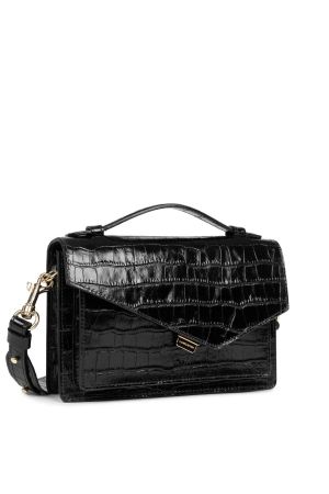 sac trotteur bandoulière à rabat Zoé x Lancaster en cuir effet croco noir