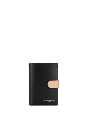 porte-cartes Lancaster Smooth en cuir lisse noir et beige