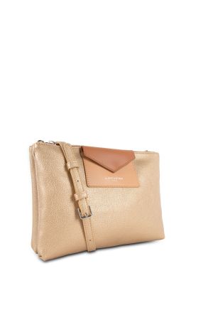 Sac Pochette double Maya vinyle + cuir or avec pochette rabat avant camel 