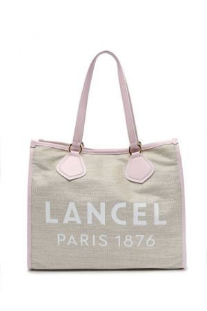 sac cabas L Lancel Summer Tote en toile de jute et cuir lisse rose poudre
