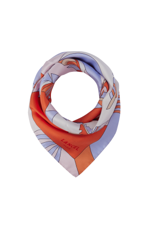 carré de soie Lancel motif Arabesque 100% soie lavande et orange