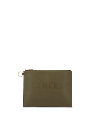 pochette zippée Lancel Essential en cuir lisse vert kaki
