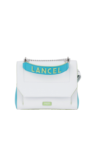 sac à rabat Lancel Ninon M en cuir grainé tricolore blanc vert bleu