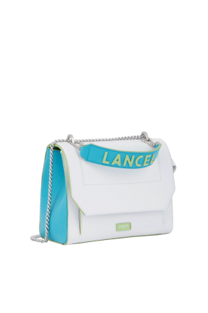 sac à rabat Lancel Ninon M en cuir grainé tricolore blanc vert bleu
