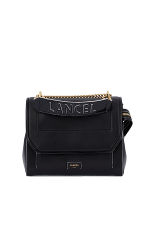 sac à rabat Lancel Ninon M en cuir lisse vernis noir