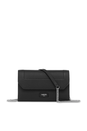 Portefeuille rectangulaire noir avec rabat, bandoulière mi chaine mi cuir 