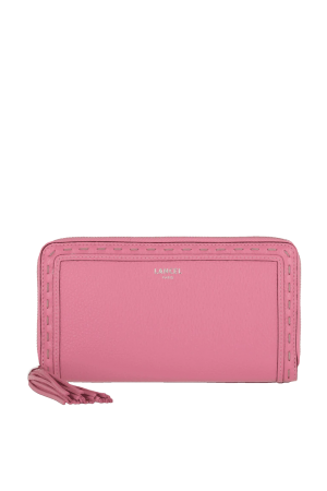 portefeuille long en cuir grainé rose, logo lancel avant 