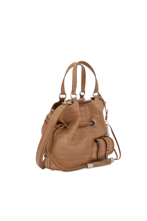 sac seau M Premier Flirt de Lancel en cuir façon croco camel