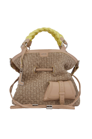 sac seau Lancel Premier Flirt M en cuir lisse et raphia camel