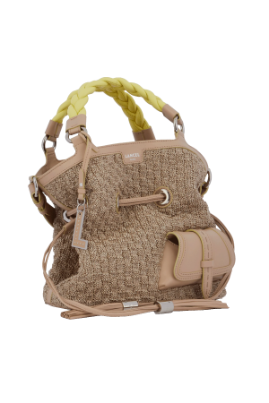 sac seau Lancel Premier Flirt M en cuir lisse et raphia camel