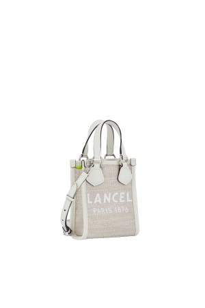 mini cabas vertical Lancel Summer Tote en cuir lisse et toile de jute beige