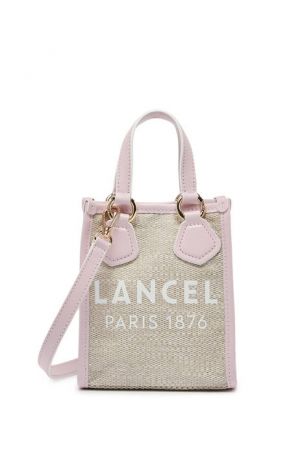 mini cabas vertical Lancel Summer Tote en toile de jute et cuir lisse rose poudre
