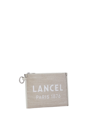 pochette zippée Lancel Summer Tote en toile de jute et cuir lisse beige