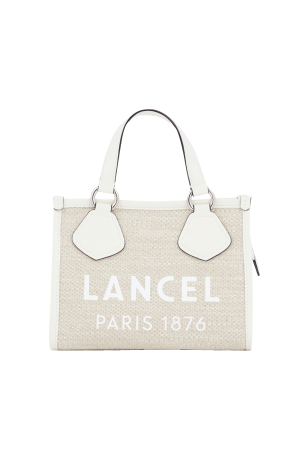petit sac cabas Lancel Summer Tote en toile de jute naturel et cuir lisse beige