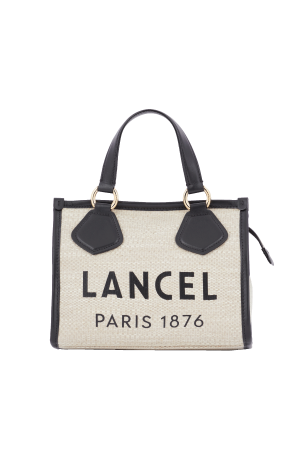 petit sac cabas Lancel Summer Tote en toile de juste naturel et cuir lisse noir