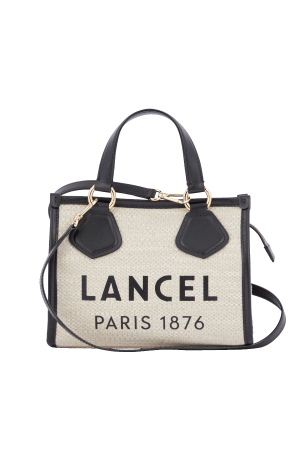 petit sac cabas Lancel Summer Tote en toile de juste naturel et cuir lisse noir