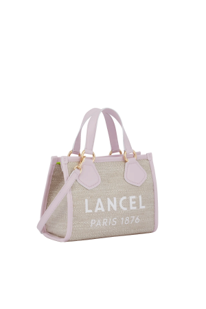 petit sac cabas S Lancel Summer Tote en toile de jute et cuir lisse rose poudre