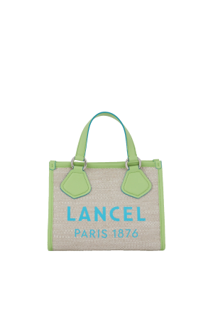 petit sac cabas S Lancel Summer Tote en toile de jute et cuir lisse vert