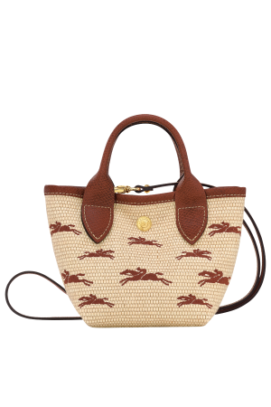 panier XS Longchamp Le Panier Pliage en toile effet paille et cuir camel