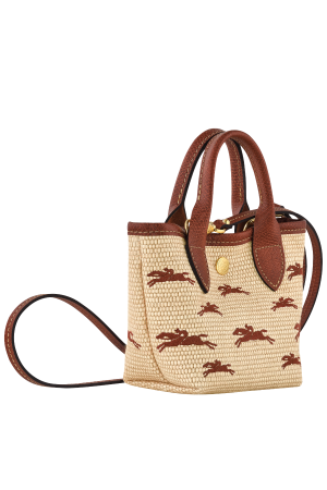 panier XS Longchamp Le Panier Pliage en toile effet paille et cuir camel