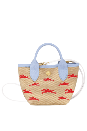 panier XS Longchamp Le Panier Pliage en toile et cuir bleu ciel